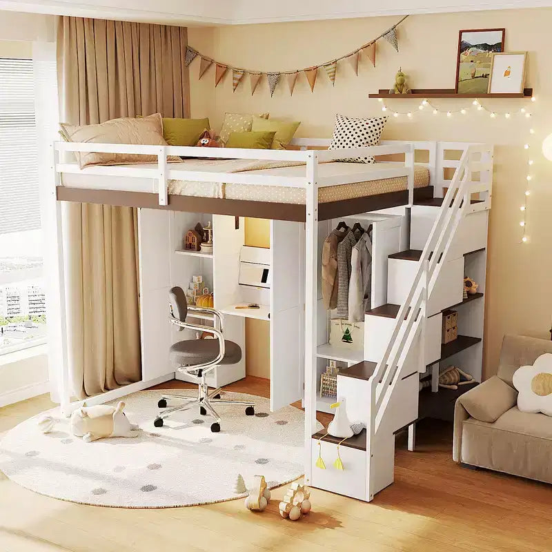 Full Loft Bed with Storage Staircase, Built-In Dressing Table with Mirror and Drawer, Wardrobe