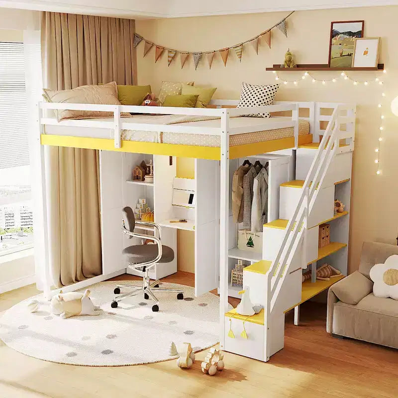 Full Loft Bed with Storage Staircase, Built-In Dressing Table with Mirror and Drawer, Wardrobe