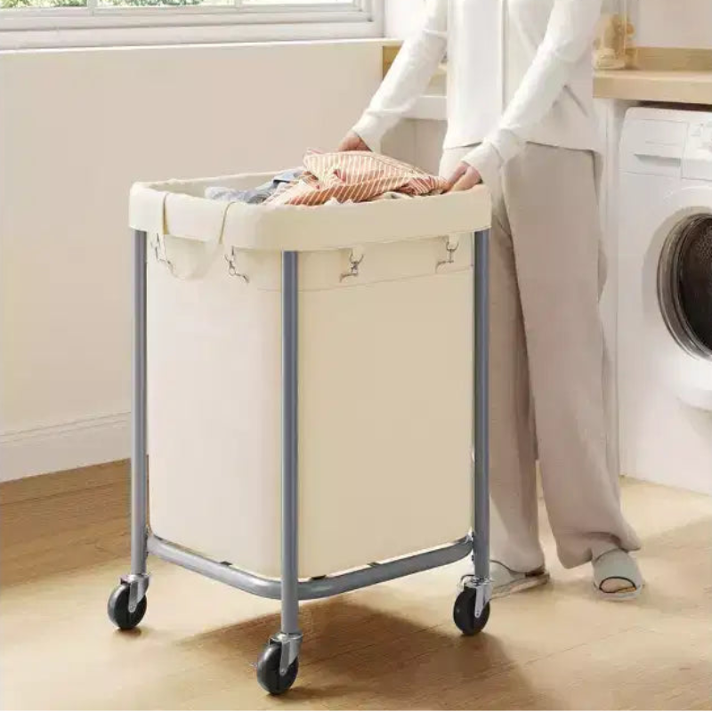 45-Gallon (170 L) Laundry Basket with Wheels, with Steel Frame and Removable Bag, 2 Locking Wheels, Cream White and Metallic Silver