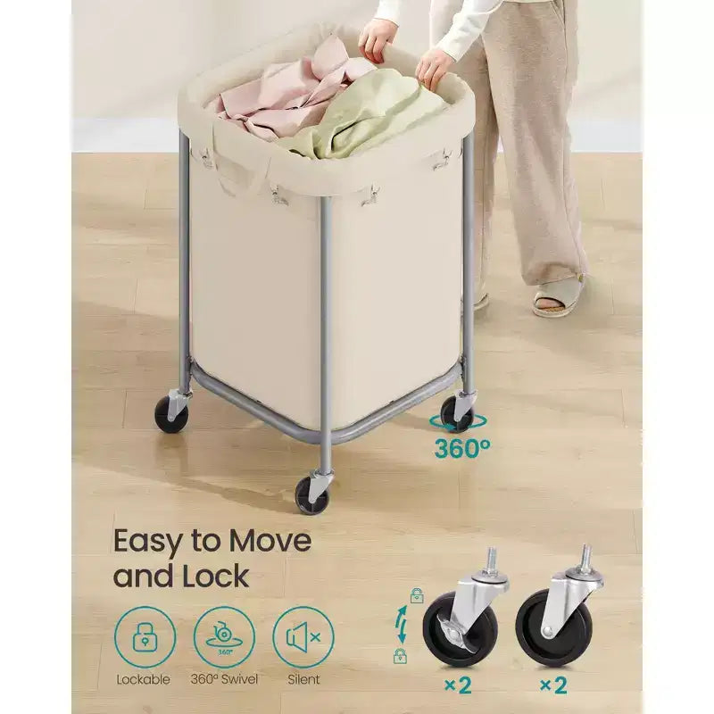 45-Gallon (170 L) Laundry Basket with Wheels, with Steel Frame and Removable Bag, 2 Locking Wheels, Cream White and Metallic Silver