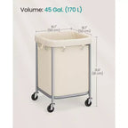 45-Gallon (170 L) Laundry Basket with Wheels, with Steel Frame and Removable Bag, 2 Locking Wheels, Cream White and Metallic Silver