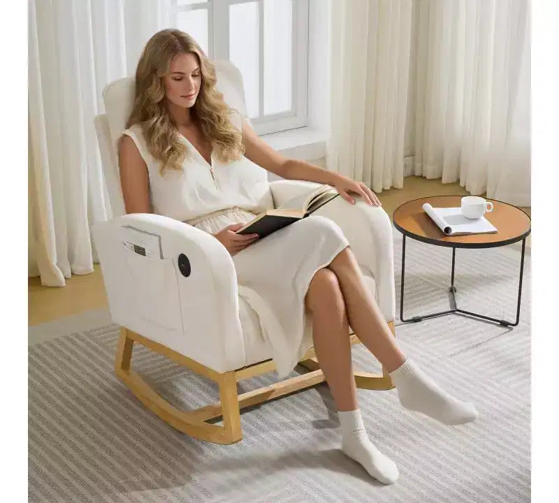 Modern Nursery Upholstered Rocking Chair,Boucle Glider Chair Nursery Chair with High Back,Rocking Accent Armchair, for Living Room, Beige