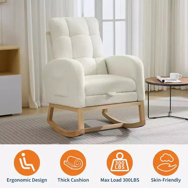 Modern Nursery Upholstered Rocking Chair,Boucle Glider Chair Nursery Chair with High Back,Rocking Accent Armchair, for Living Room, Beige