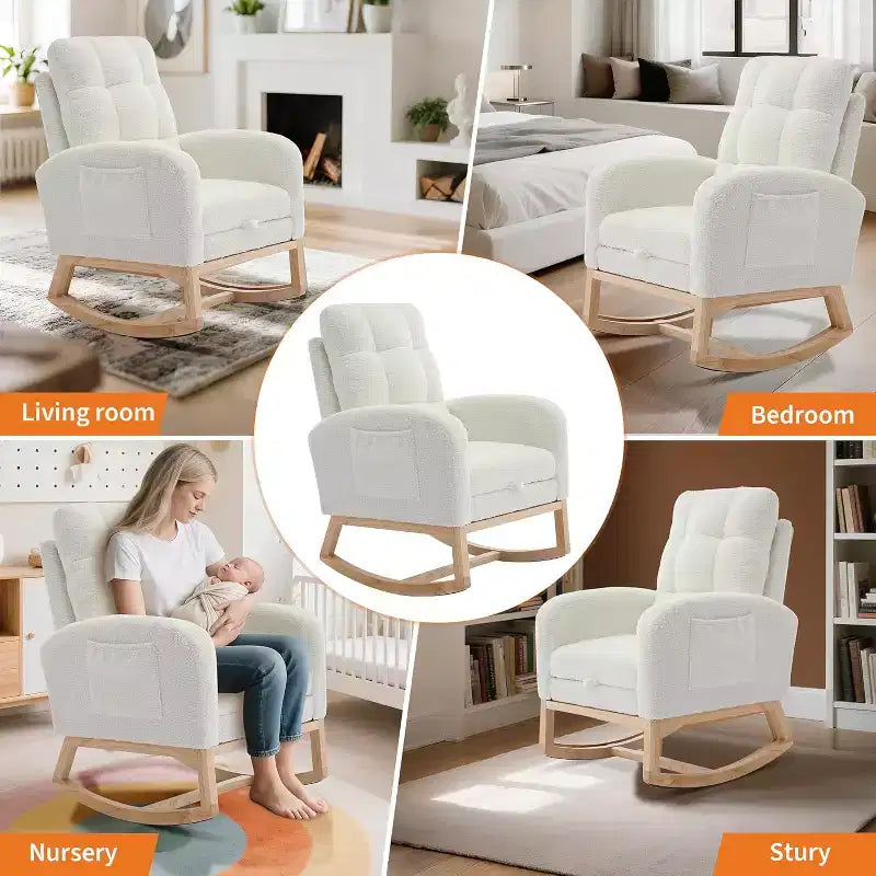 Modern Nursery Upholstered Rocking Chair,Boucle Glider Chair Nursery Chair with High Back,Rocking Accent Armchair, for Living Room, Beige
