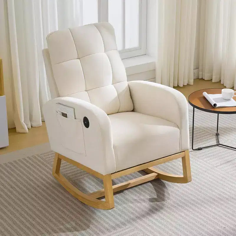 Modern Nursery Upholstered Rocking Chair,Boucle Glider Chair Nursery Chair with High Back,Rocking Accent Armchair, for Living Room, Beige