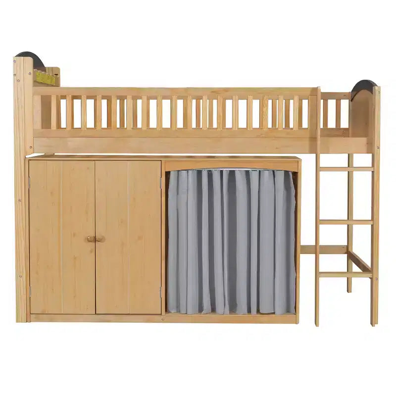 Full/Twin Loft Bed with LED Headboard, Wardrobe & Double-Door Storage Cabinet