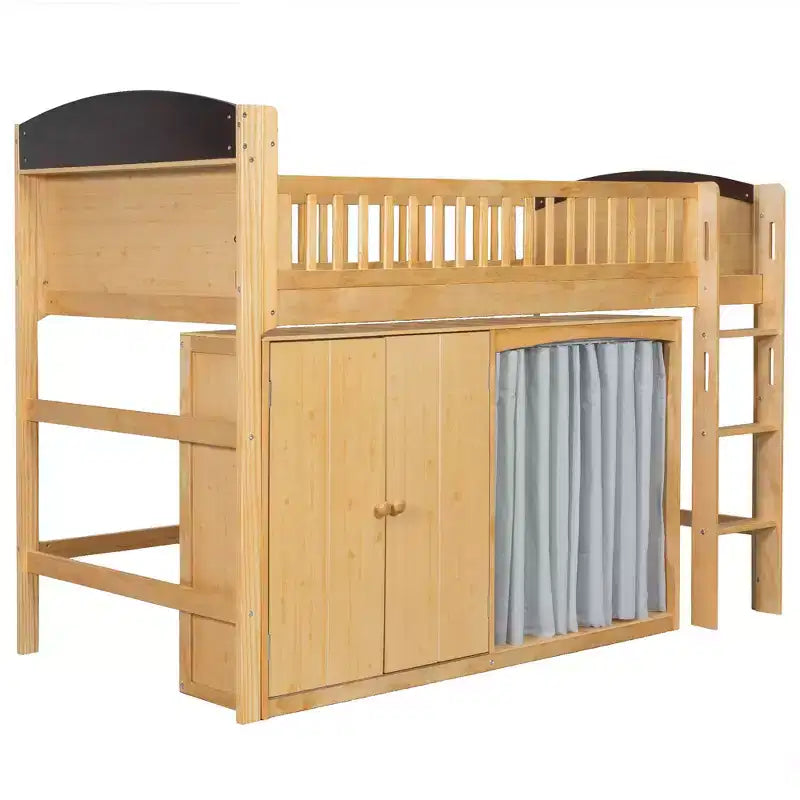 Full/Twin Loft Bed with LED Headboard, Wardrobe & Double-Door Storage Cabinet