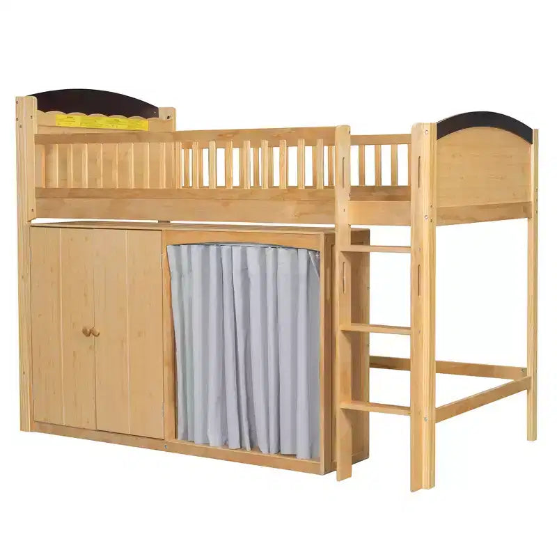 Full/Twin Loft Bed with LED Headboard, Wardrobe & Double-Door Storage Cabinet