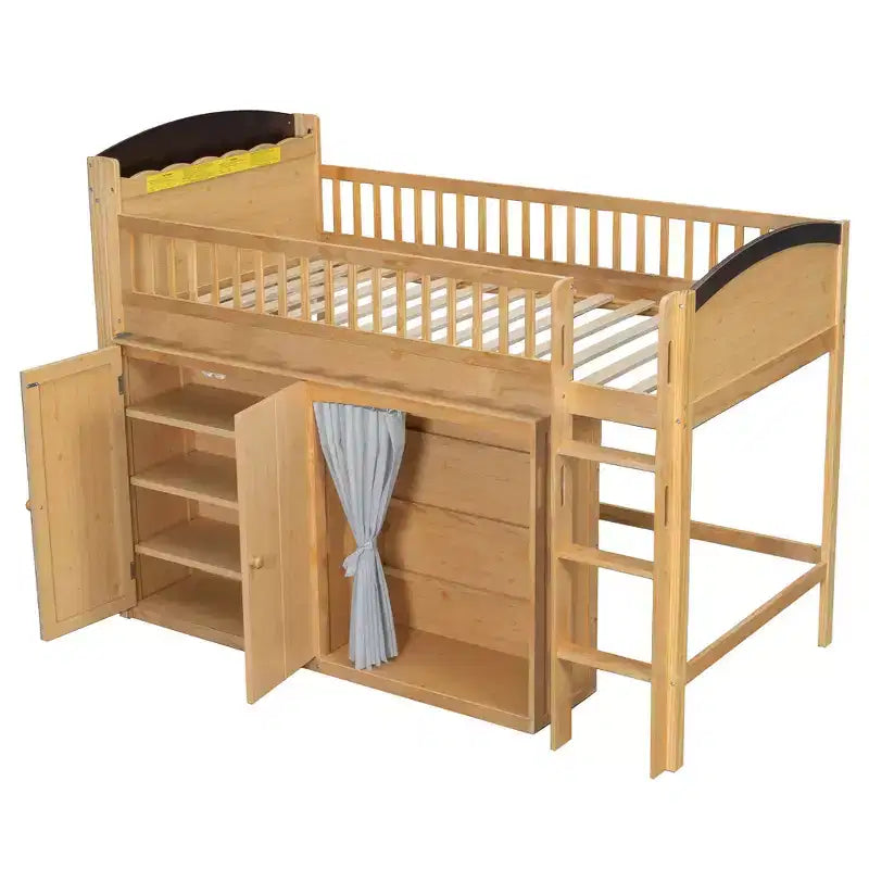 Full/Twin Loft Bed with LED Headboard, Wardrobe & Double-Door Storage Cabinet