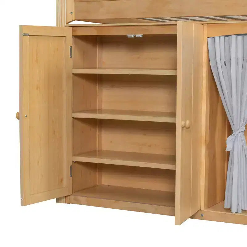 Full/Twin Loft Bed with LED Headboard, Wardrobe & Double-Door Storage Cabinet