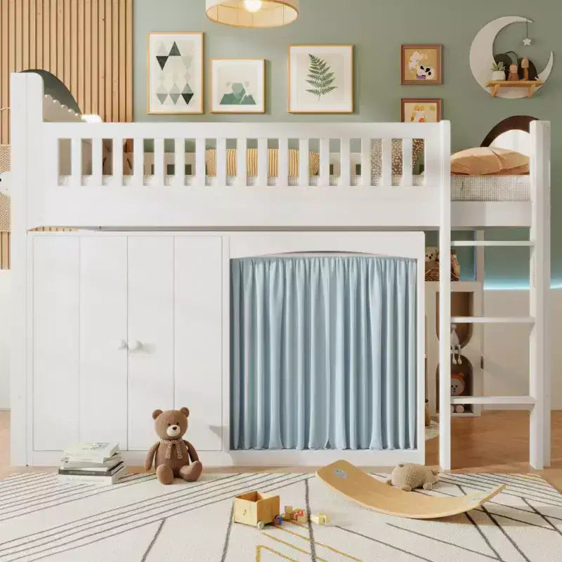 Full/Twin Loft Bed with LED Headboard, Wardrobe & Double-Door Storage Cabinet