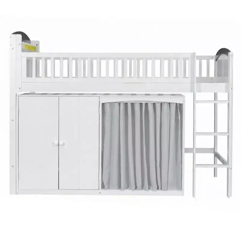 Full/Twin Loft Bed with LED Headboard, Wardrobe & Double-Door Storage Cabinet