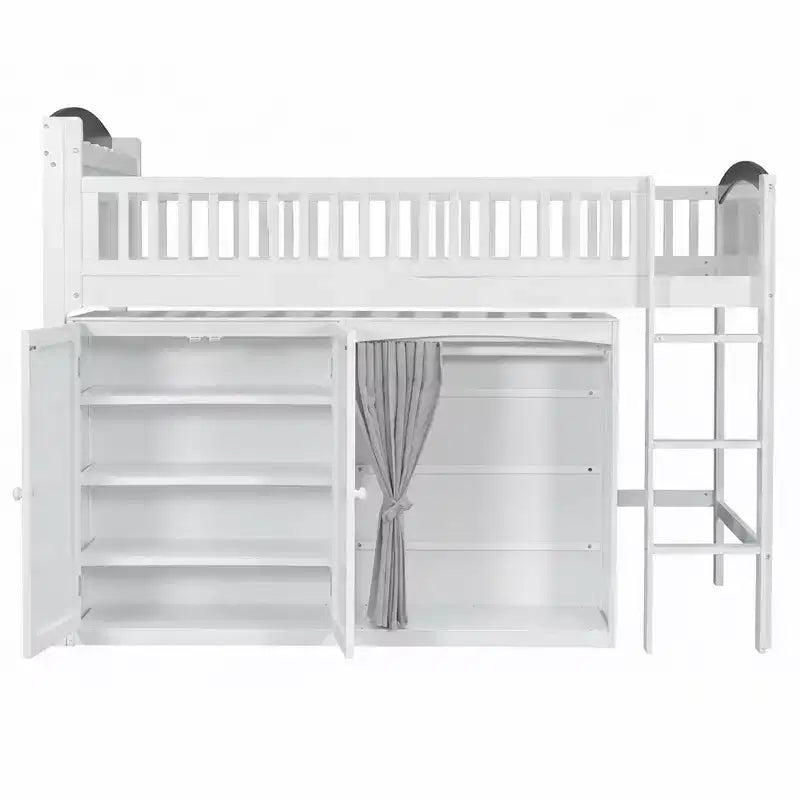 Full/Twin Loft Bed with LED Headboard, Wardrobe & Double-Door Storage Cabinet
