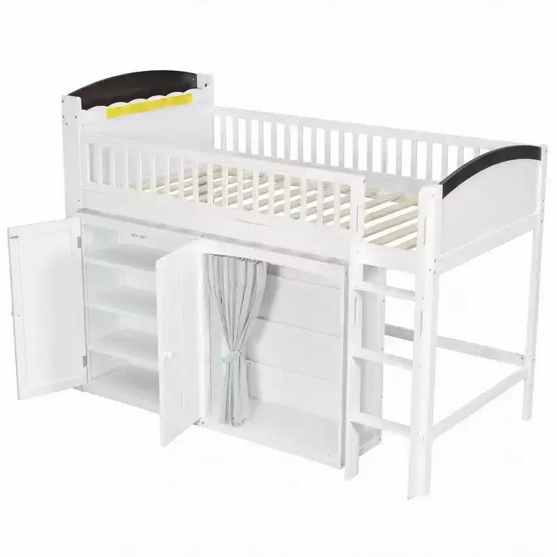 Full/Twin Loft Bed with LED Headboard, Wardrobe & Double-Door Storage Cabinet