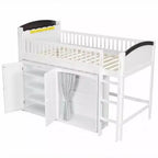 Full/Twin Loft Bed with LED Headboard, Wardrobe & Double-Door Storage Cabinet
