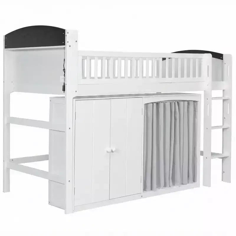 Full/Twin Loft Bed with LED Headboard, Wardrobe & Double-Door Storage Cabinet