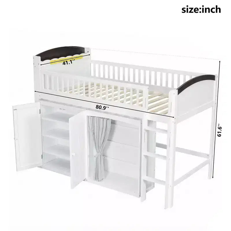 Full/Twin Loft Bed with LED Headboard, Wardrobe & Double-Door Storage Cabinet