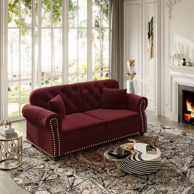 Eloise 63" Velvet Chesterfield Loveseat with Nailhead Trim & Rolled Arms