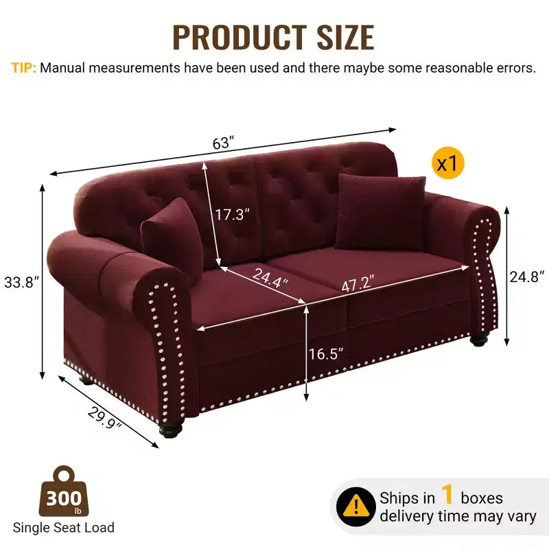 Eloise 63" Velvet Chesterfield Loveseat with Nailhead Trim & Rolled Arms