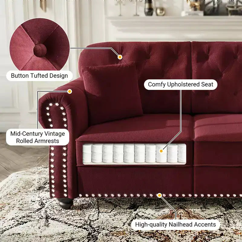 Eloise 63" Velvet Chesterfield Loveseat with Nailhead Trim & Rolled Arms