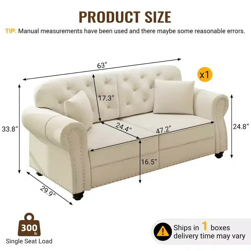 Eloise 63" Velvet Chesterfield Loveseat with Nailhead Trim & Rolled Arms
