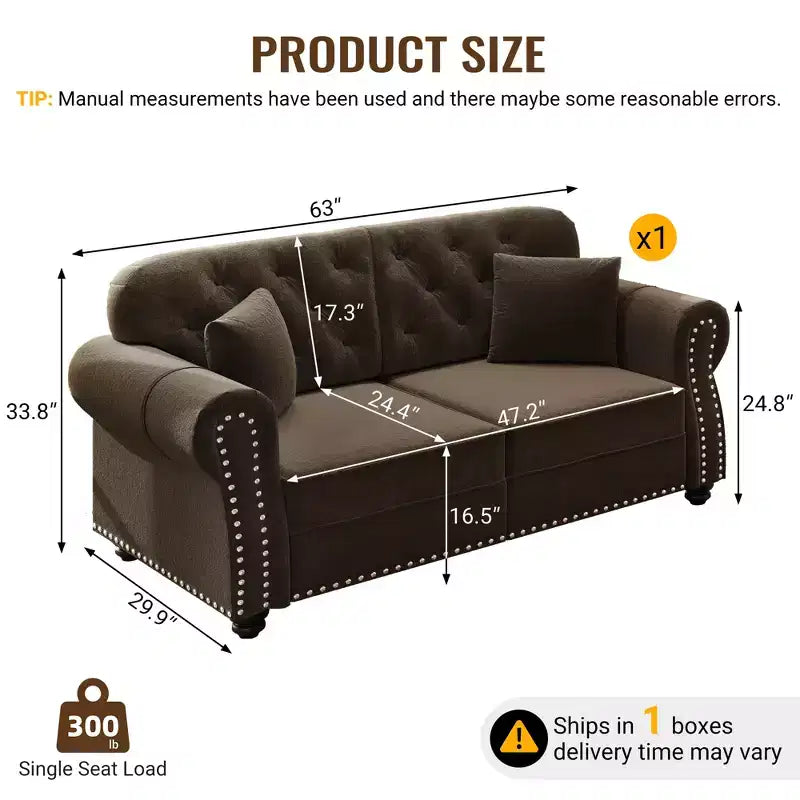 Eloise 63" Velvet Chesterfield Loveseat with Nailhead Trim & Rolled Arms