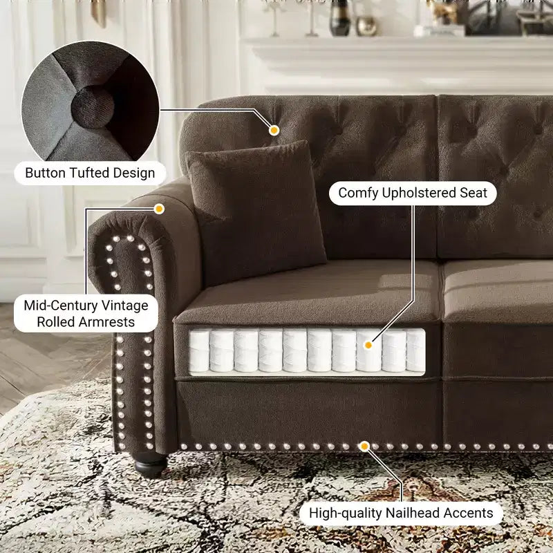 Eloise 63" Velvet Chesterfield Loveseat with Nailhead Trim & Rolled Arms