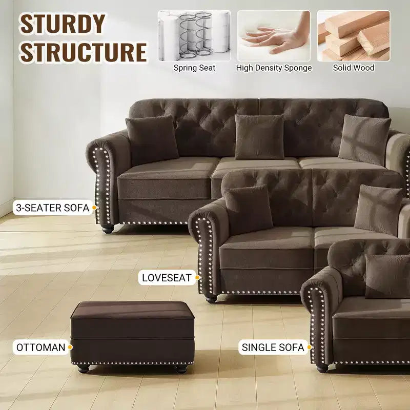 Eloise 63" Velvet Chesterfield Loveseat with Nailhead Trim & Rolled Arms
