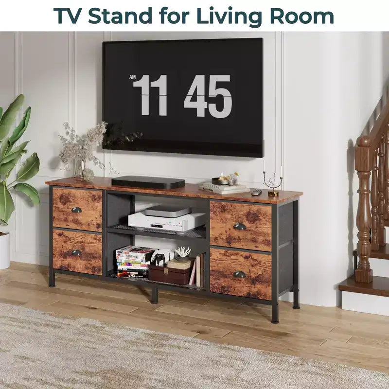 55 Inch Brown TV Stand Dresser for TVs up to 60 Inch 4 Drawers Media Console Entertainment Center Open Shelves Bedroom Living Room Storage