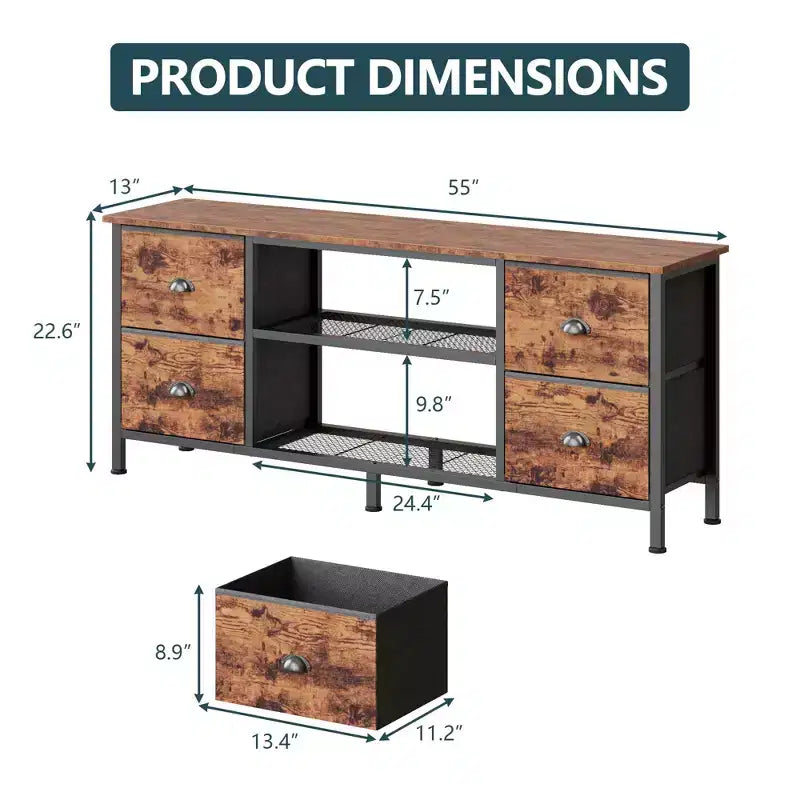 55 Inch Brown TV Stand Dresser for TVs up to 60 Inch 4 Drawers Media Console Entertainment Center Open Shelves Bedroom Living Room Storage