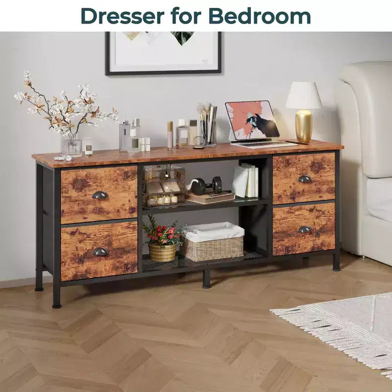 55 Inch Brown TV Stand Dresser for TVs up to 60 Inch 4 Drawers Media Console Entertainment Center Open Shelves Bedroom Living Room Storage
