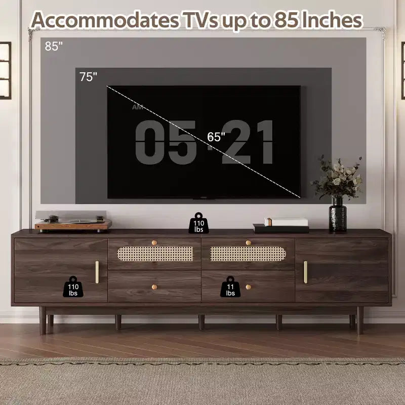 Arjun Modern 76 Wood TV Stand with Drawers and Rattan Storage Cabinet