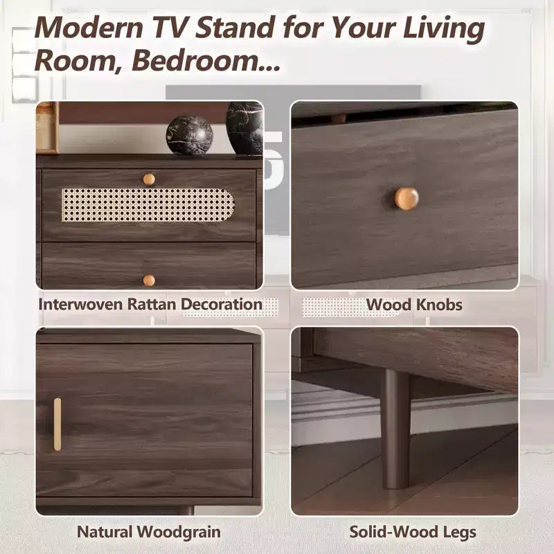 Arjun Modern 76 Wood TV Stand with Drawers and Rattan Storage Cabinet
