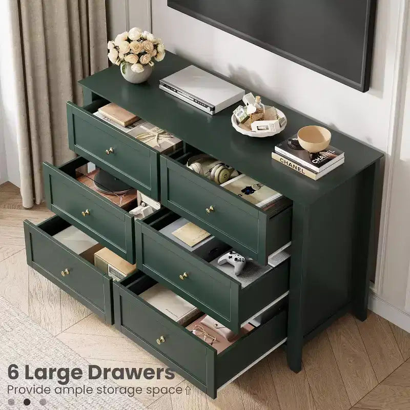 Large Modern Black 6-Drawer Wood Dresser, Deep Drawers & Metal Knobs for Bedroom, Entryway, Hallway