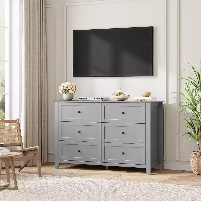 Large Modern Black 6-Drawer Wood Dresser, Deep Drawers & Metal Knobs for Bedroom, Entryway, Hallway