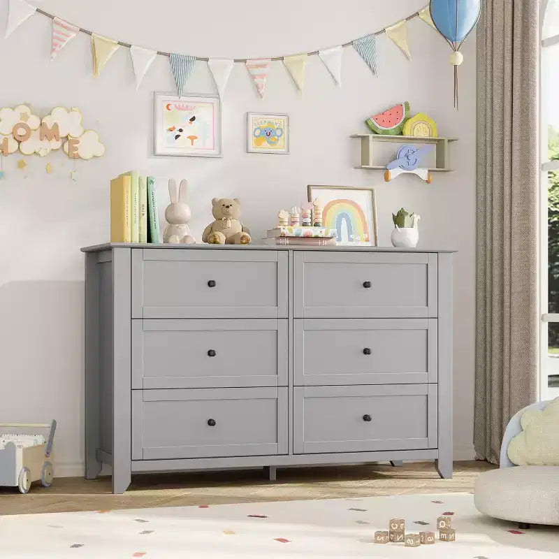 Large Modern Black 6-Drawer Wood Dresser, Deep Drawers & Metal Knobs for Bedroom, Entryway, Hallway
