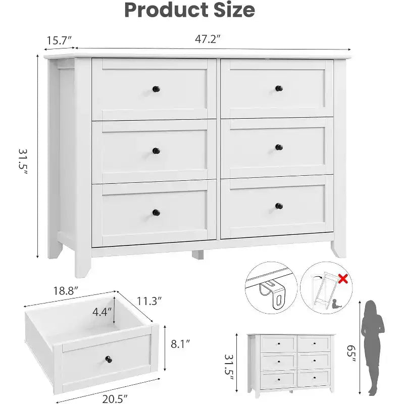 Large Modern Black 6-Drawer Wood Dresser, Deep Drawers & Metal Knobs for Bedroom, Entryway, Hallway