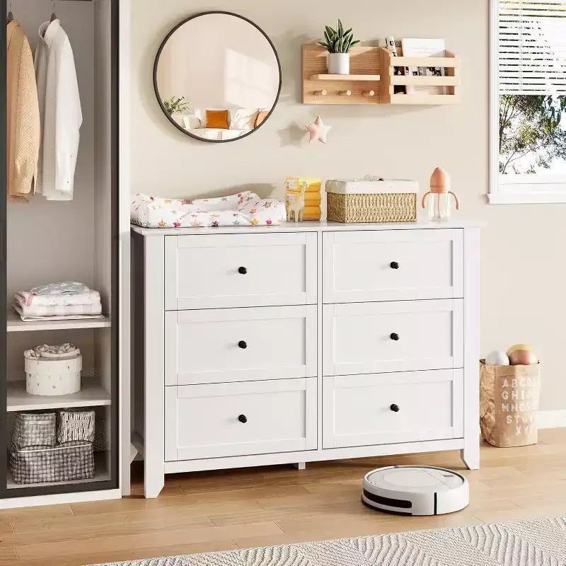 Large Modern Black 6-Drawer Wood Dresser, Deep Drawers & Metal Knobs for Bedroom, Entryway, Hallway