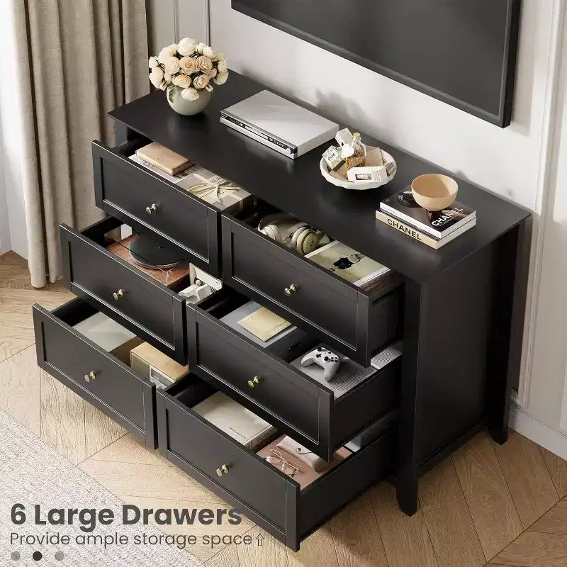 Large Modern Black 6-Drawer Wood Dresser, Deep Drawers & Metal Knobs for Bedroom, Entryway, Hallway