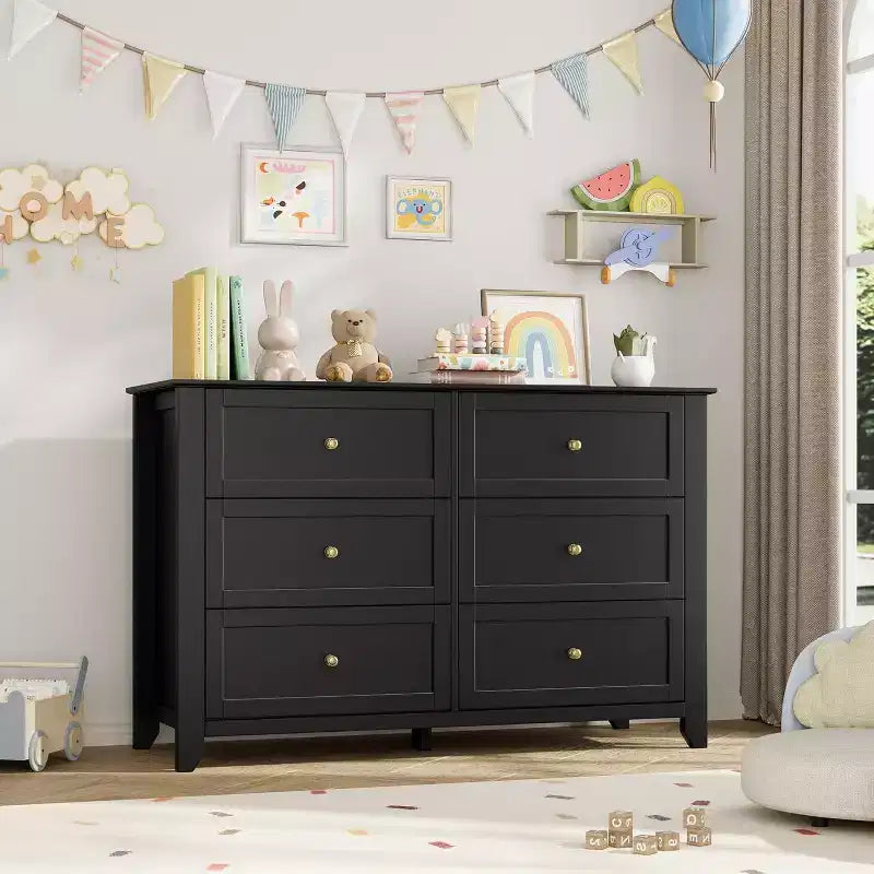 Large Modern Black 6-Drawer Wood Dresser, Deep Drawers & Metal Knobs for Bedroom, Entryway, Hallway