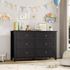 Large Modern Black 6-Drawer Wood Dresser, Deep Drawers & Metal Knobs for Bedroom, Entryway, Hallway