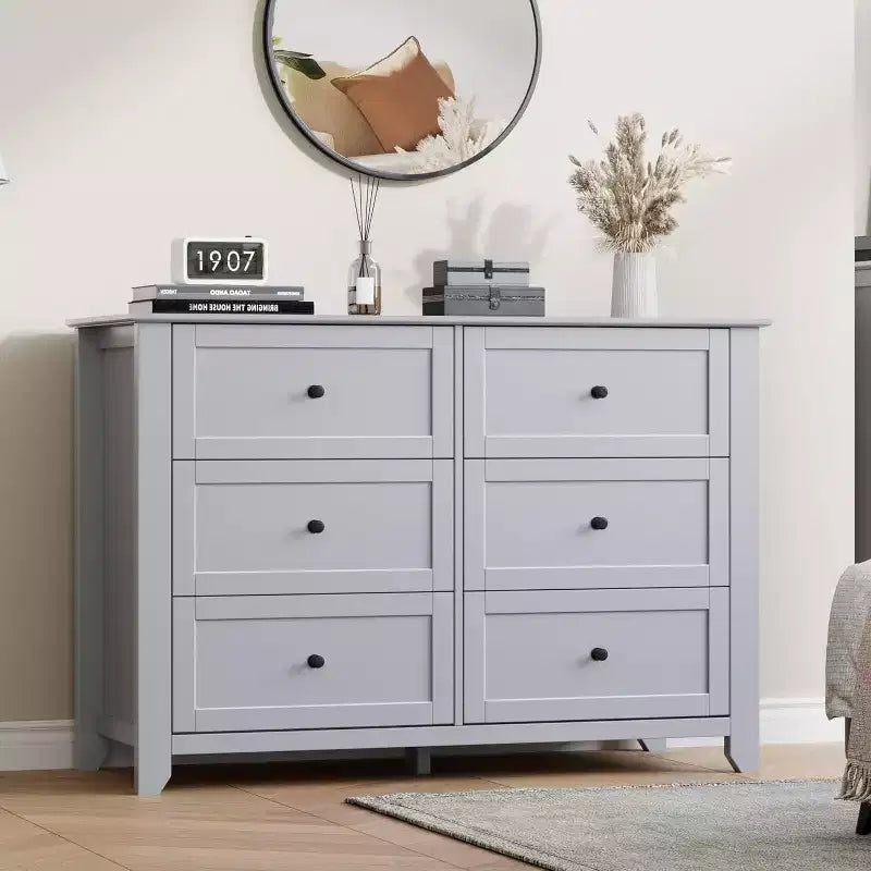 Large Modern Black 6-Drawer Wood Dresser, Deep Drawers & Metal Knobs for Bedroom, Entryway, Hallway