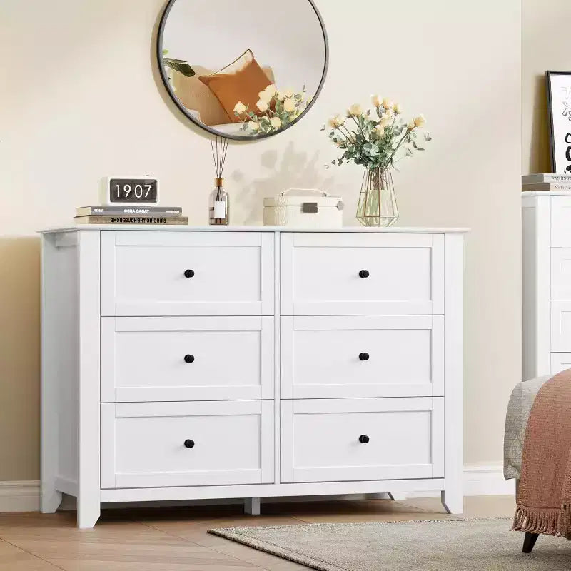 Large Modern Black 6-Drawer Wood Dresser, Deep Drawers & Metal Knobs for Bedroom, Entryway, Hallway
