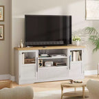 Farmhouse TV Stand - 72'' TV Fit, Wave Pattern, 2 Glass-Door Cabinets, 2 Open Storage, Entertainment Center for Living Room
