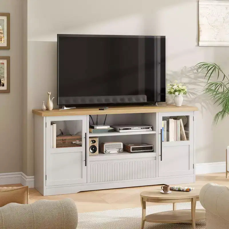 Farmhouse TV Stand - 72'' TV Fit, Wave Pattern, 2 Glass-Door Cabinets, 2 Open Storage, Entertainment Center for Living Room