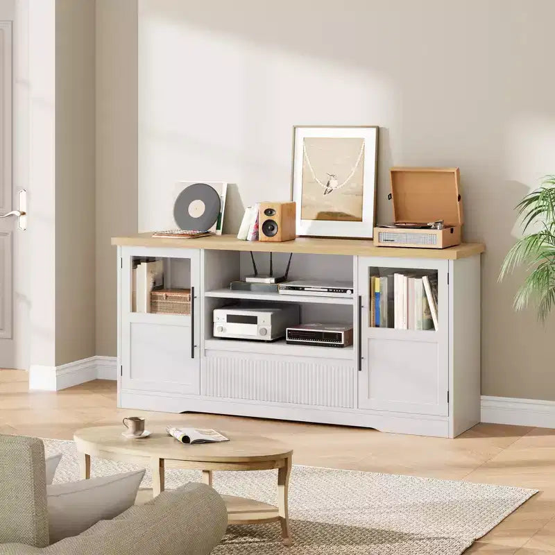 Farmhouse TV Stand - 72'' TV Fit, Wave Pattern, 2 Glass-Door Cabinets, 2 Open Storage, Entertainment Center for Living Room