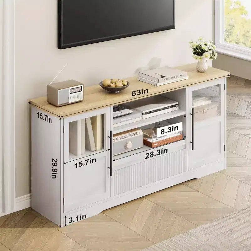 Farmhouse TV Stand - 72'' TV Fit, Wave Pattern, 2 Glass-Door Cabinets, 2 Open Storage, Entertainment Center for Living Room