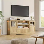 Farmhouse TV Stand - 72'' TV Fit, Wave Pattern, 2 Glass-Door Cabinets, 2 Open Storage, Entertainment Center for Living Room