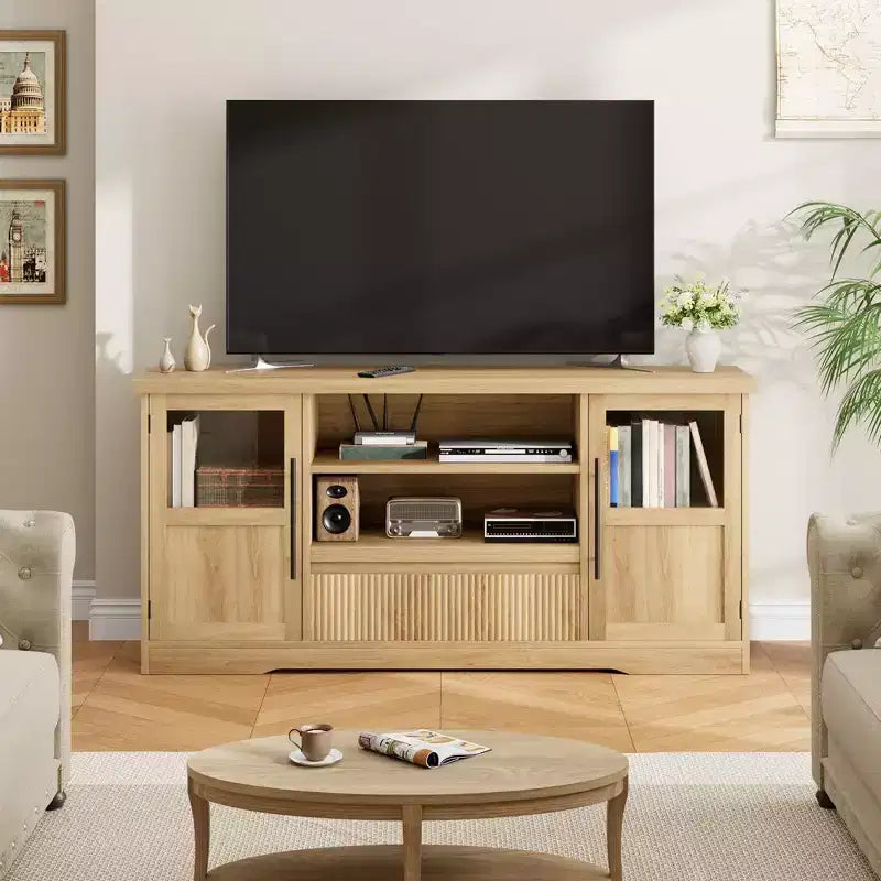 Farmhouse TV Stand - 72'' TV Fit, Wave Pattern, 2 Glass-Door Cabinets, 2 Open Storage, Entertainment Center for Living Room