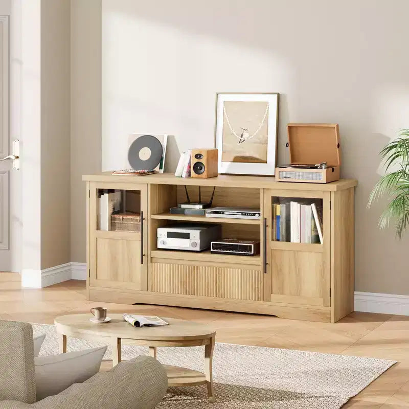 Farmhouse TV Stand - 72'' TV Fit, Wave Pattern, 2 Glass-Door Cabinets, 2 Open Storage, Entertainment Center for Living Room